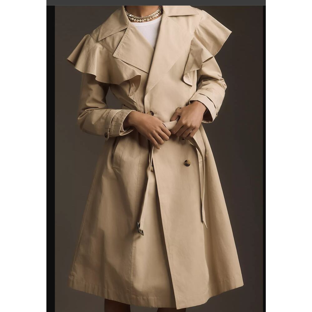 NWT Anthropologie Khaki Belted Trench Ruffled Coat - Size Large - Picture 1 of 5